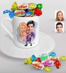 Kişiye Özel Sevgililer Karikatürlü Türk Kahvesi Fincanı ve Haribo Şeker Hediye Seti-3