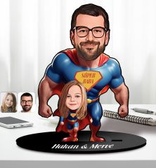 BK Gift Kişiye Özel Süper Baba-Çocuk Karikatürlü Ahşap Biblo-1, Babalar Günü Hediyesi, Babaya Hediye