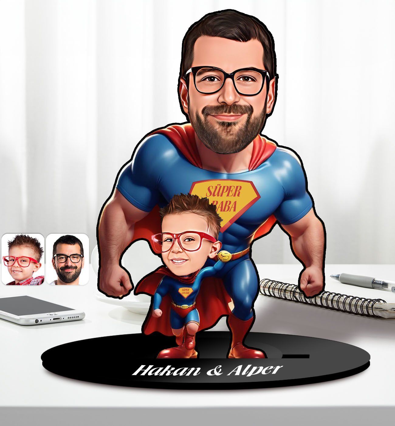 BK Gift Kişiye Özel Süper Baba-Çocuk Karikatürlü Ahşap Biblo-1, Babalar Günü Hediyesi, Babaya Hediye