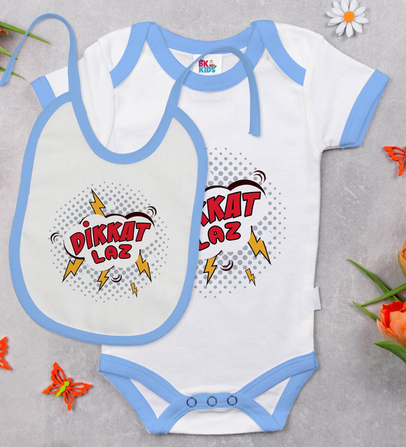 BK Kids Dikkat Laz Tasarımlı Mavi Bebek Body Zıbın ve Mama Önlüğü Hediye Seti-1