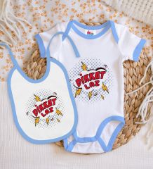 BK Kids Dikkat Laz Tasarımlı Mavi Bebek Body Zıbın ve Mama Önlüğü Hediye Seti-1