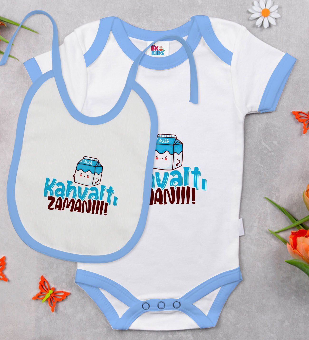 BK Kids Kahvaltı Zamanı Tasarımlı Mavi Bebek Body Zıbın ve Mama Önlüğü Hediye Seti-1