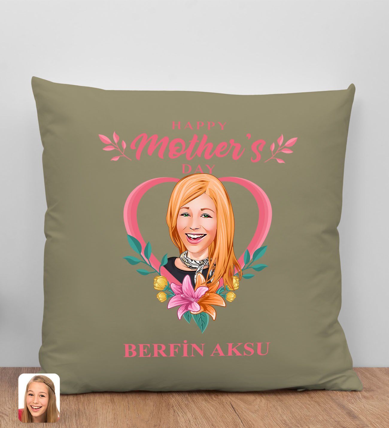 BK Gift Kişiye Özel Karikatürlü Anneler Günü Tasarımlı Haki Kırlent Yastık, Anneye Hediye, Ev Dekorasyonu, Anneler Günü Hediyesi-5