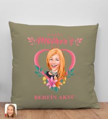 BK Gift Kişiye Özel Karikatürlü Anneler Günü Tasarımlı Haki Kırlent Yastık, Anneye Hediye, Ev Dekorasyonu, Anneler Günü Hediyesi-5