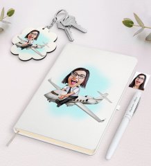 Kişiye Özel Kadın Kaptan Pilot Karikatürlü Beyaz Defter Kalem ve Anahtarlık Hediye Seti