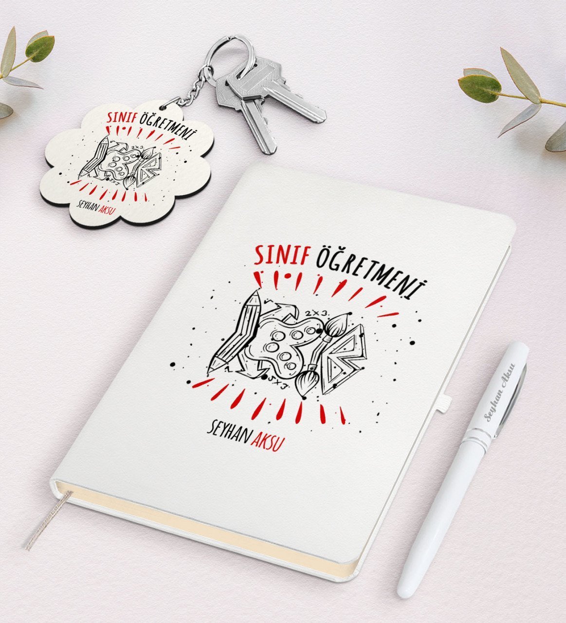 Kişiye Özel Sınıf Öğretmeni Beyaz Defter Kalem ve Anahtarlık Hediye Seti-11