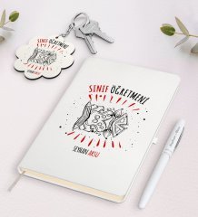Kişiye Özel Sınıf Öğretmeni Beyaz Defter Kalem ve Anahtarlık Hediye Seti-11