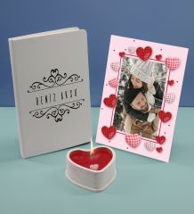 BK Gift Kişiye Özel İsimli Beyaz Defter Dekoratif Çerçeve ve Kalp Taş Obje Kokulu Mum Hediye Seti-8, Sevgiliye Hediye, Arkadaşa Hediye