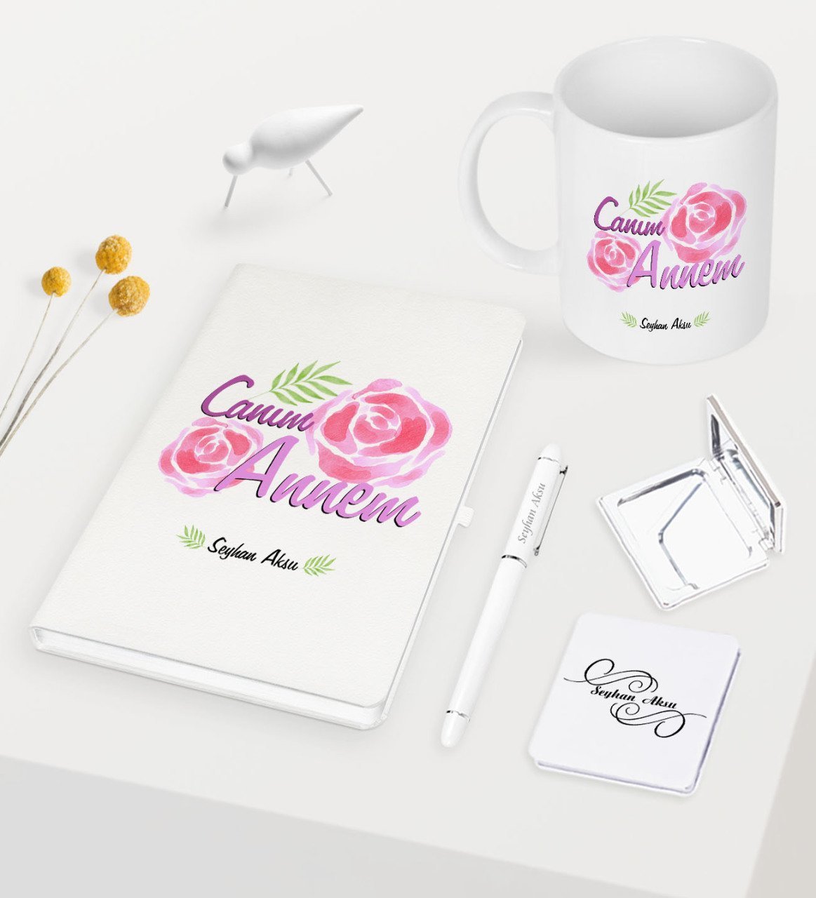 Kişiye Özel Canım Annem Beyaz Defter Kalem Kupa Ayna Seti - 15