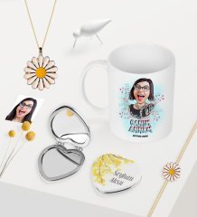 Kişiye Özel Canım Annem Karikatürlü Kupa Kalp Ayna Papatya Kolye Bileklik Seti