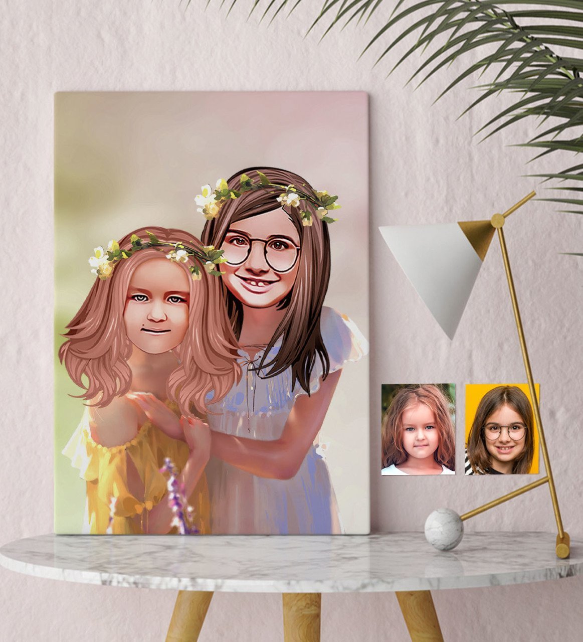 Kişiye Özel Kız Kardeşler Karikatürlü Kanvas Tablo 30x50cm-2