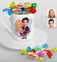 Kişiye Özel Sevgililer Karikatürlü Türk Kahvesi Fincanı ve Haribo Şeker Hediye Seti-2