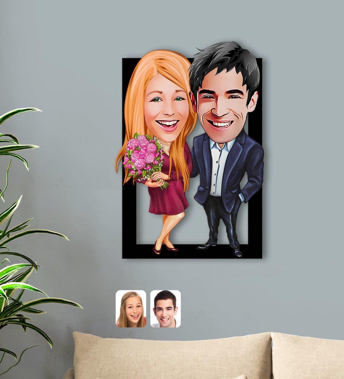 Kişiye Özel Sevgililer Karikatürlü 3D Ahşap Tablo-94