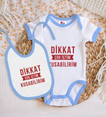 BK Kids Dikkat Çok İçtim Tasarımlı Mavi Bebek Body Zıbın ve Mama Önlüğü Hediye Seti-1