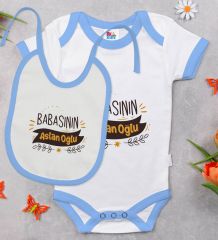 BK Kids Babasının Aslan Oğlu Tasarımlı Mavi Bebek Body Zıbın ve Mama Önlüğü Hediye Seti-1