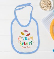BK Kids Kişiye Özel Bayram Şekeri Tasarımlı Mavi Bebek Body Zıbın ve Mama Önlüğü Hediye Seti