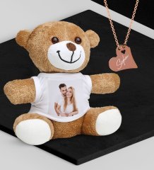 Kişiye Özel Tasarımlı Peluş Ayıcık ve Rose Kalp Kolye Set