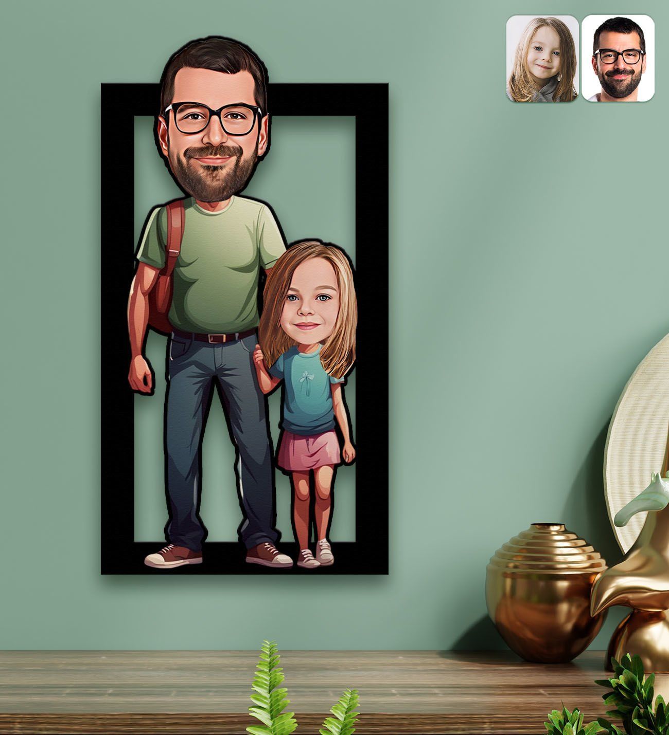 BK Gift Kişiye Özel Baba-Kız Karikatürlü 3D Ahşap Tablo-1, Babalar Günü Hediyesi, Babaya Hediye