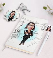 Kişiye Özel Kadın İç Mimar Karikatürlü Beyaz Defter Kalem ve Anahtarlık Hediye Seti