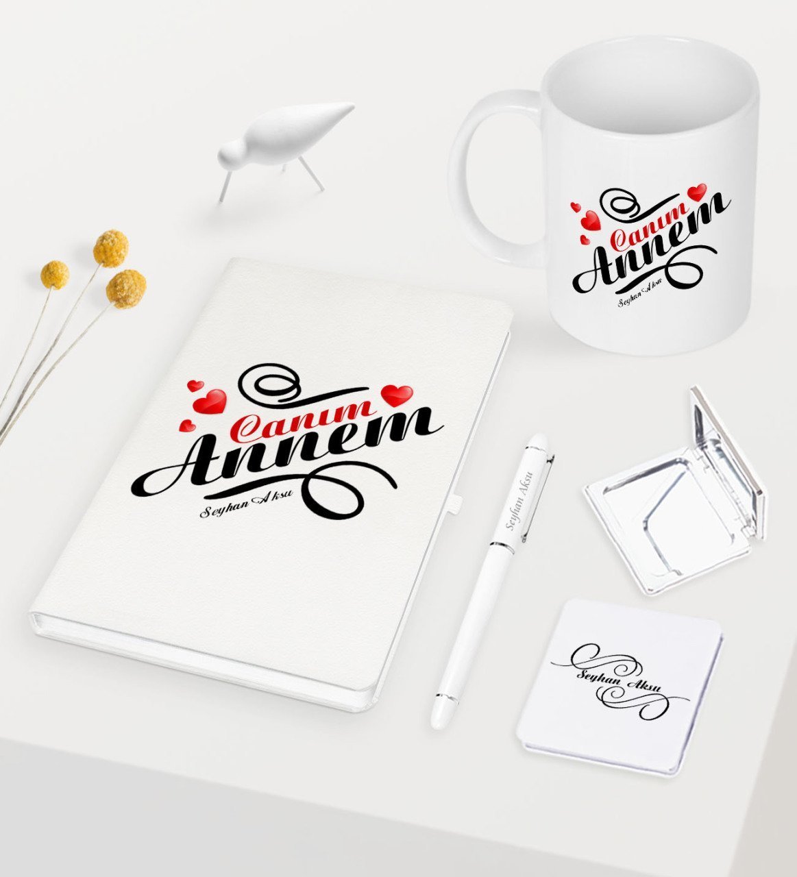Kişiye Özel Canım Annem Beyaz Defter Kalem Kupa Ayna Seti - 14