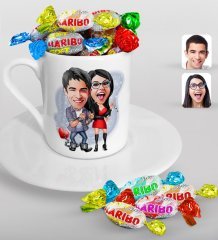 Kişiye Özel Sevgililer Karikatürlü Türk Kahvesi Fincanı ve Haribo Şeker Hediye Seti-1