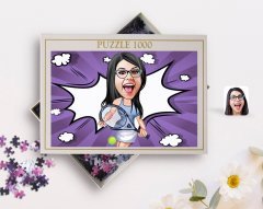 Kişiye Özel Kadın Tenis Oyuncusu Karikatürlü 1000 Parça Profesyonel Puzzle-1