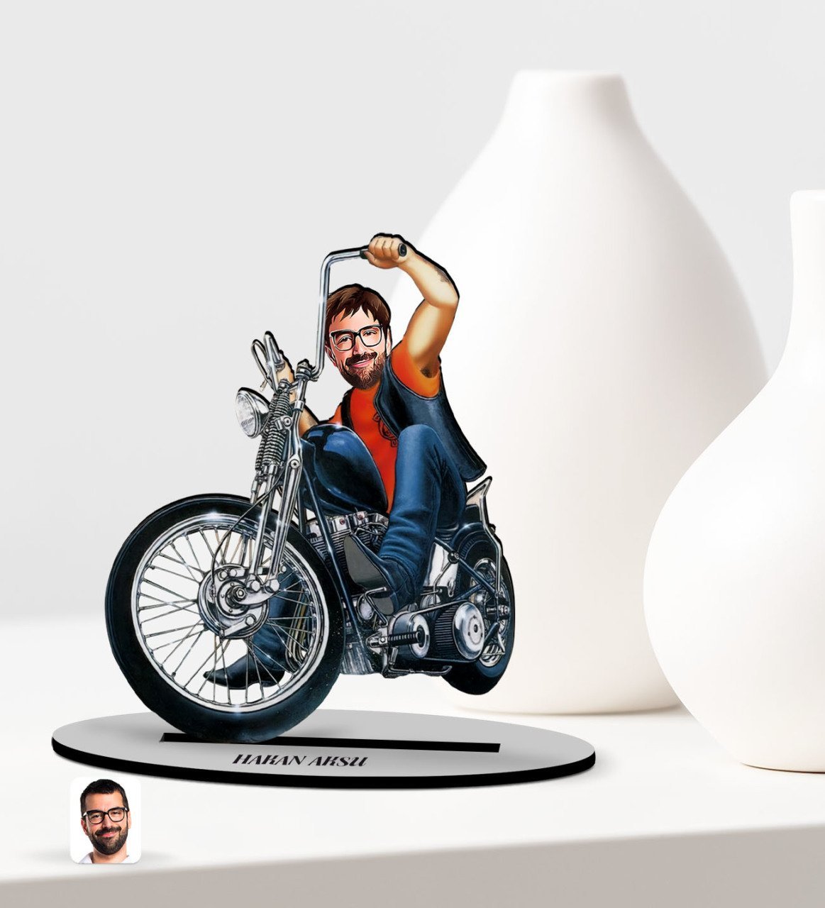 Kişiye Özel Erkek Motorcu Karikatürlü Ahşap Biblo Model-5