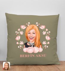 BK Gift Kişiye Özel Karikatürlü Anneler Günü Tasarımlı Haki Kırlent Yastık, Anneye Hediye, Ev Dekorasyonu, Anneler Günü Hediyesi-3