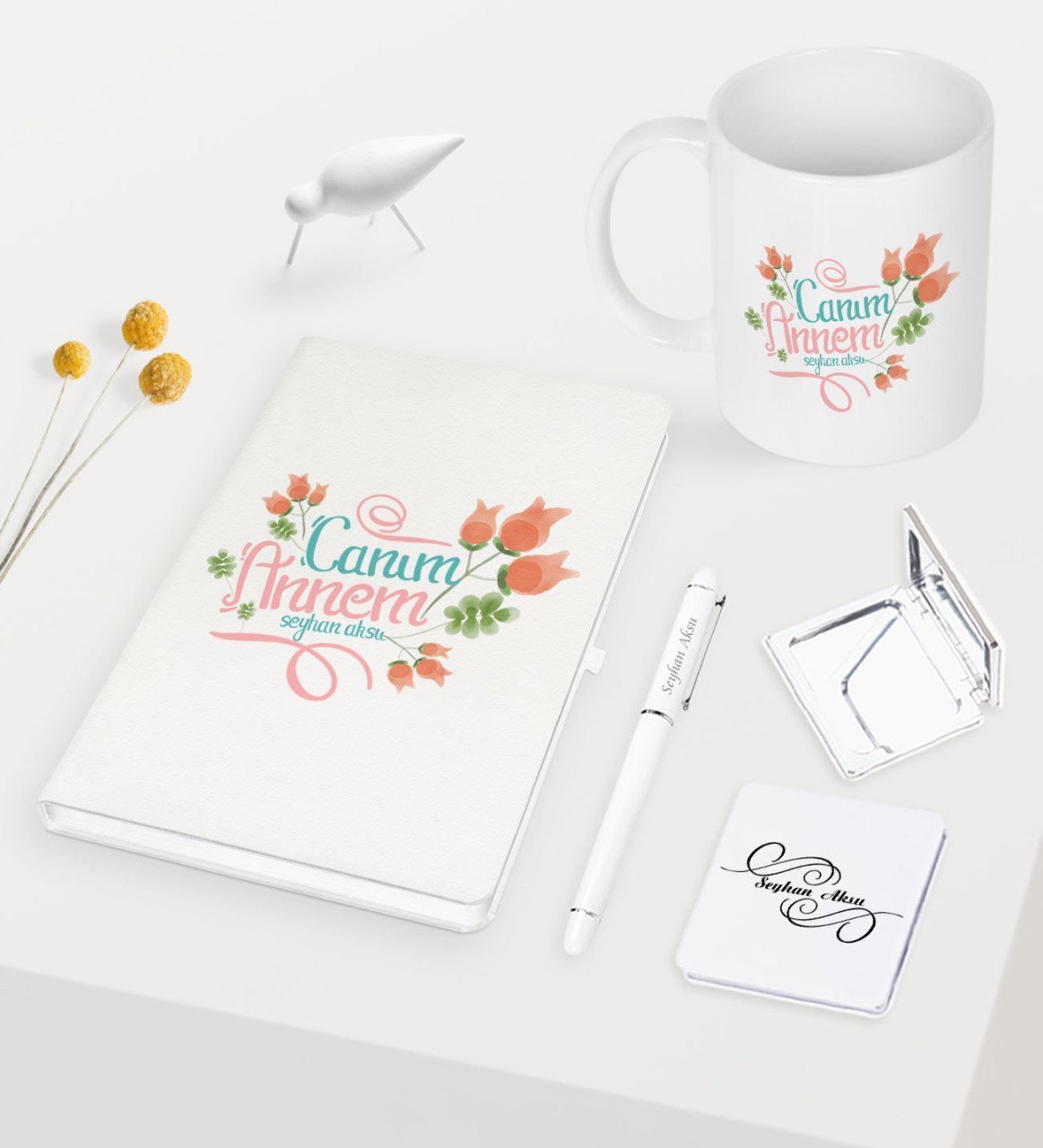 Kişiye Özel Canım Annem Beyaz Defter Kalem Kupa Ayna Seti - 13