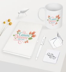 Kişiye Özel Canım Annem Beyaz Defter Kalem Kupa Ayna Seti - 13