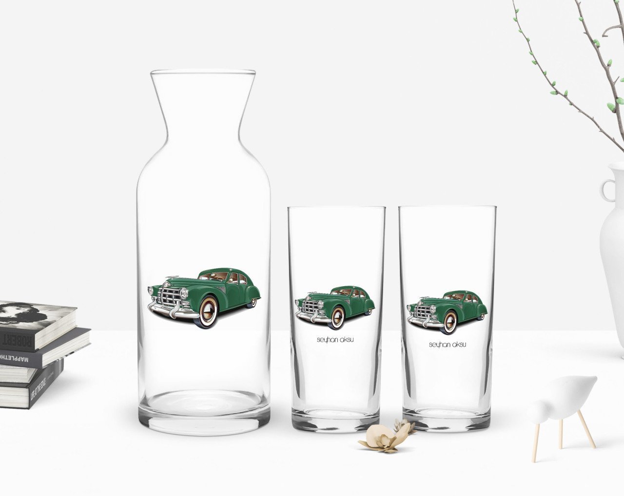 Kişiye Özel Renkli Baskılı Retro Otomobil Tasarımlı İkili Rakı Bardağı ve Karaf Hediye Seti-3