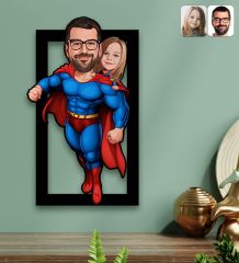 BK Gift Kişiye Özel Süper Baba-Çocuk Karikatürlü 3D Ahşap Tablo-4, Babalar Günü Hediyesi, Babaya Hediye