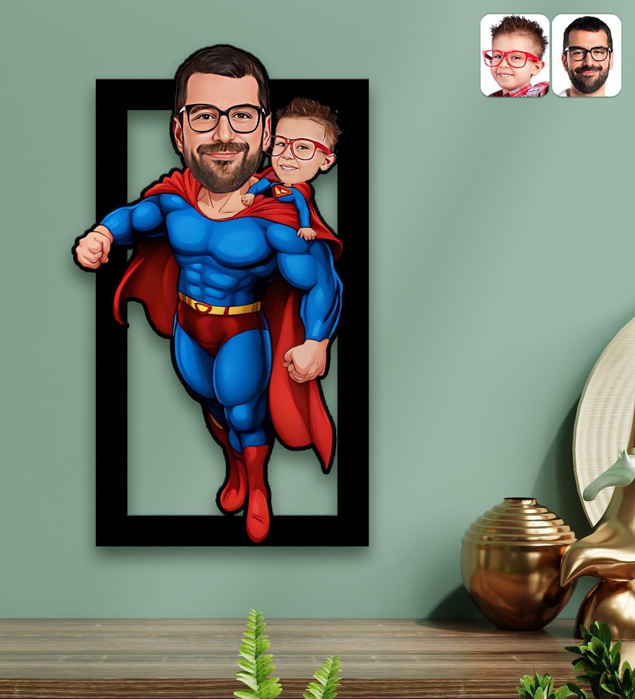 BK Gift Kişiye Özel Süper Baba-Çocuk Karikatürlü 3D Ahşap Tablo-4, Babalar Günü Hediyesi, Babaya Hediye