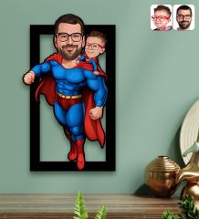 BK Gift Kişiye Özel Süper Baba-Çocuk Karikatürlü 3D Ahşap Tablo-4, Babalar Günü Hediyesi, Babaya Hediye