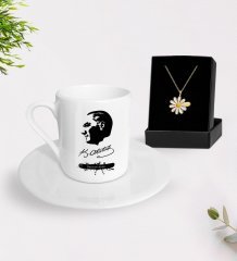 Kişiye Özel Atatürk Temalı Türk Kahvesi Fincanı ve İsimli Papatya Kolye Hediye Seti-4
