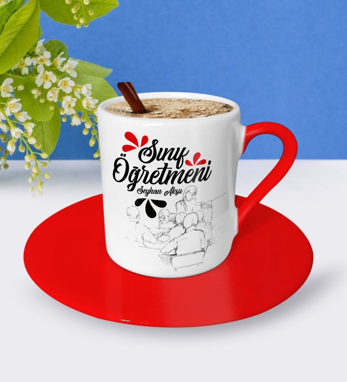 Kişiye Özel Sınıf Öğretmeni Kırmızı Türk Kahvesi Fincanı
