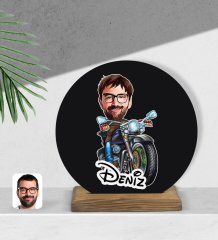 Kişiye Özel Erkek Motorcu Karikatürlü Yuvarlak Ahşap Biblo-2