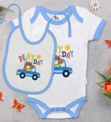 BK Kids Play Day Tasarımlı Mavi Bebek Body Zıbın ve Mama Önlüğü Hediye Seti-1