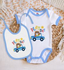 BK Kids Play Day Tasarımlı Mavi Bebek Body Zıbın ve Mama Önlüğü Hediye Seti-1