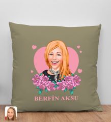 BK Gift Kişiye Özel Karikatürlü Anneler Günü Tasarımlı Haki Kırlent Yastık, Anneye Hediye, Ev Dekorasyonu, Anneler Günü Hediyesi-2