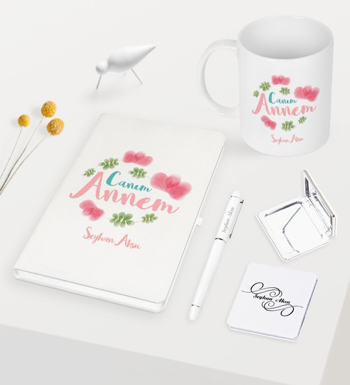 Kişiye Özel Canım Annem Beyaz Defter Kalem Kupa Ayna Seti - 12