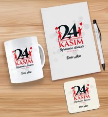 BK Gift Kişiye Özel İsimli Öğretmenler Günü Tasarımlı Beyaz Defter, Tükenmez Kalem, Kupa ve Bardak Altlığı Hediye Seti- 14, Öğretmene Hediye, Öğretmenler Günü