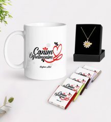 Kişiye Özel Canım Öğretmenim Beyaz Kupa Çikolata ve İsimli Papatya Kolye Hediye Seti-1