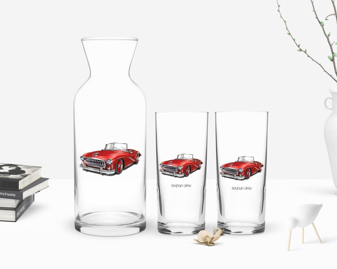Kişiye Özel Renkli Baskılı Retro Otomobil Tasarımlı İkili Rakı Bardağı ve Karaf Hediye Seti-2