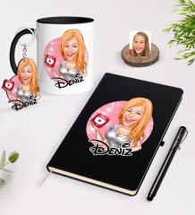 Kişiye Özel Kadın Youtuber Karikatürlü Siyah Defter Kalem Kupa ve Anahtarlık Hediye Seti-2