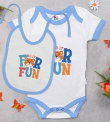 BK Kids For Fun Tasarımlı Mavi Bebek Body Zıbın ve Mama Önlüğü Hediye Seti-1
