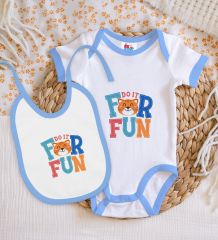 BK Kids For Fun Tasarımlı Mavi Bebek Body Zıbın ve Mama Önlüğü Hediye Seti-1