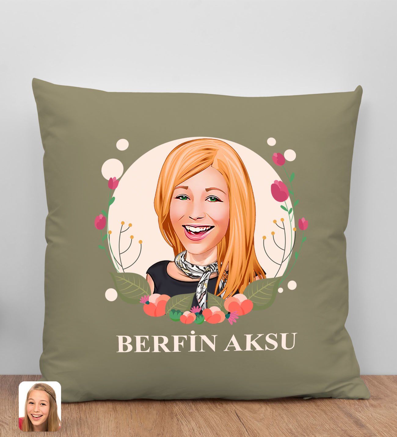 BK Gift Kişiye Özel Karikatürlü Anneler Günü Tasarımlı Haki Kırlent Yastık, Anneye Hediye, Ev Dekorasyonu, Anneler Günü Hediyesi-1