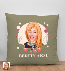 BK Gift Kişiye Özel Karikatürlü Anneler Günü Tasarımlı Haki Kırlent Yastık, Anneye Hediye, Ev Dekorasyonu, Anneler Günü Hediyesi-1