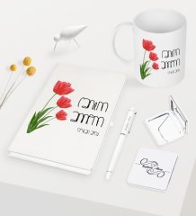 Kişiye Özel Canım Annem Beyaz Defter Kalem Kupa Ayna Seti - 11